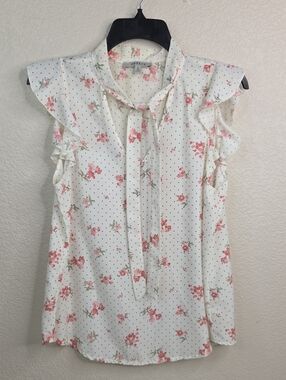 Papaya Ivory Blouse with Pink Floral Print and Black Dots